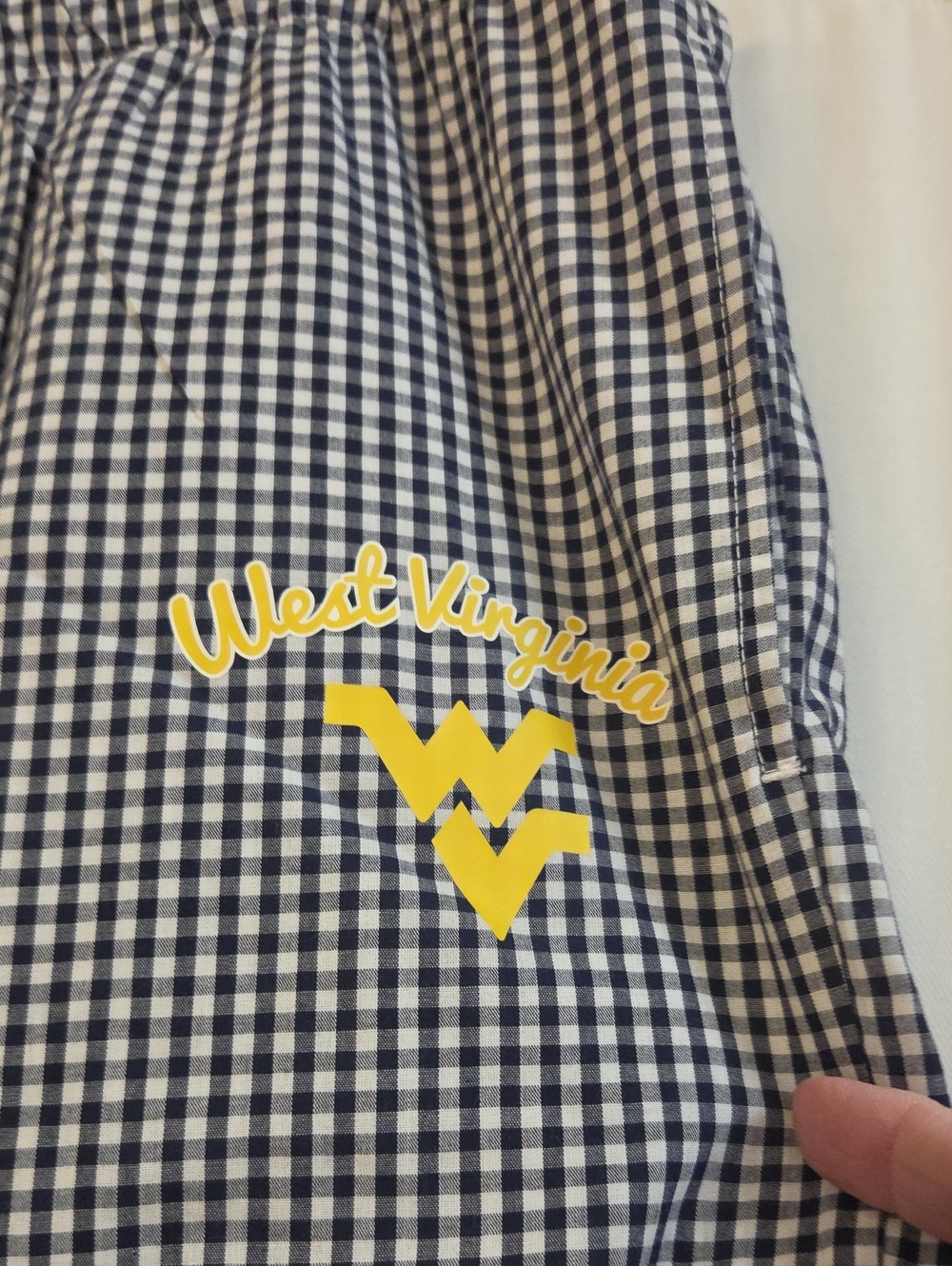 West Virginia Women's Pajama Pants In Navy Gingham with Yellow Logo